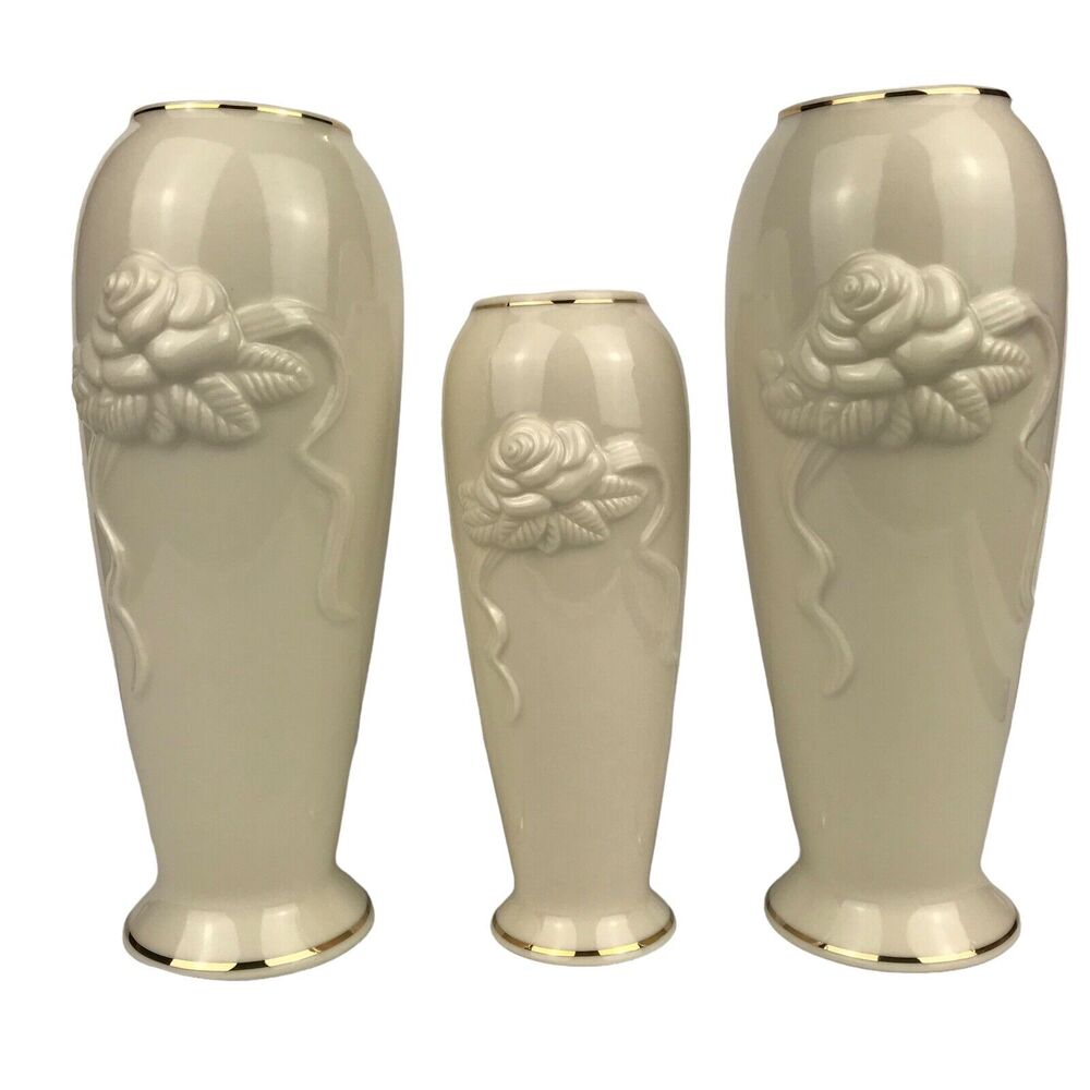 Lenox Rose Blossom Vases Ivory Porcelain 24k Gold Trim 5.75'' 7.5'' Set of 3 EUC